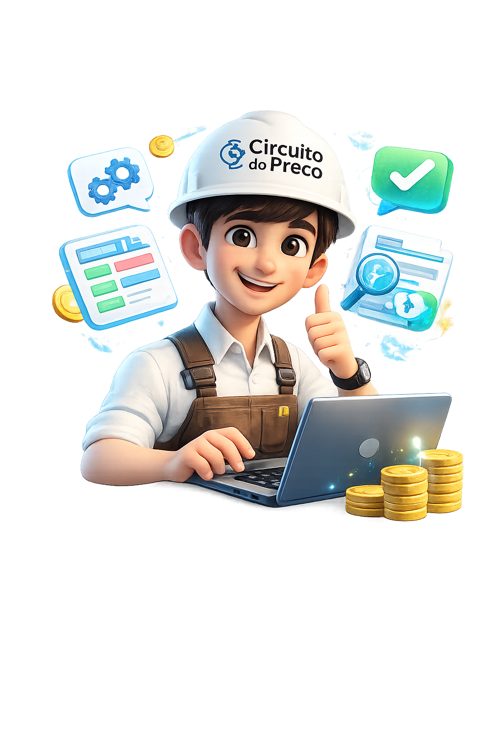 Mascote do Circuito do Preço usando o sistema no notebook