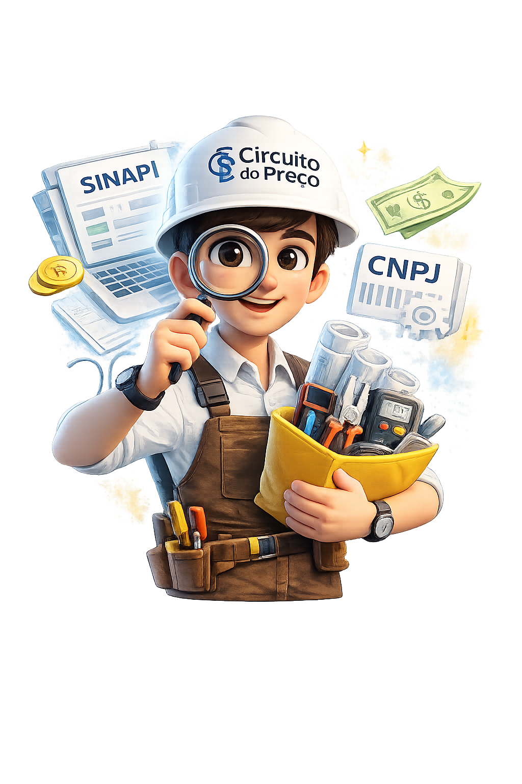 Mascote do Circuito do Preço com SINAPI, CNPJ e ferramentas