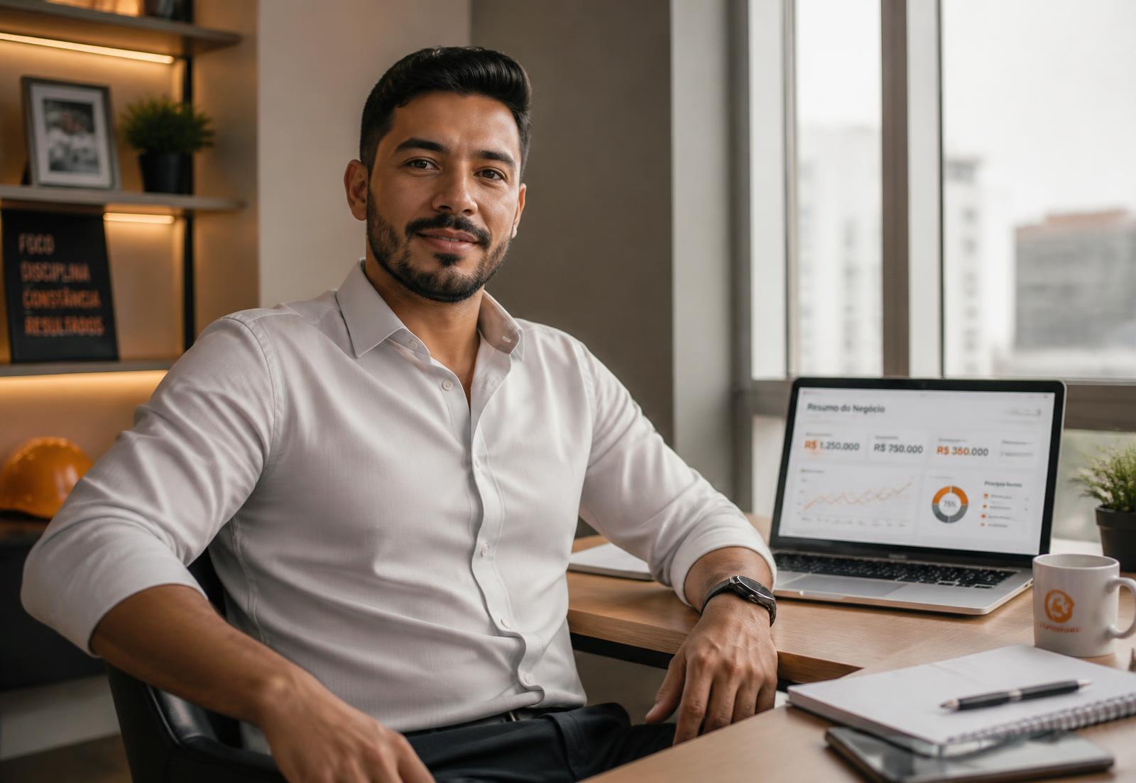 Empresário do setor elétrico analisando o painel do negócio no escritório