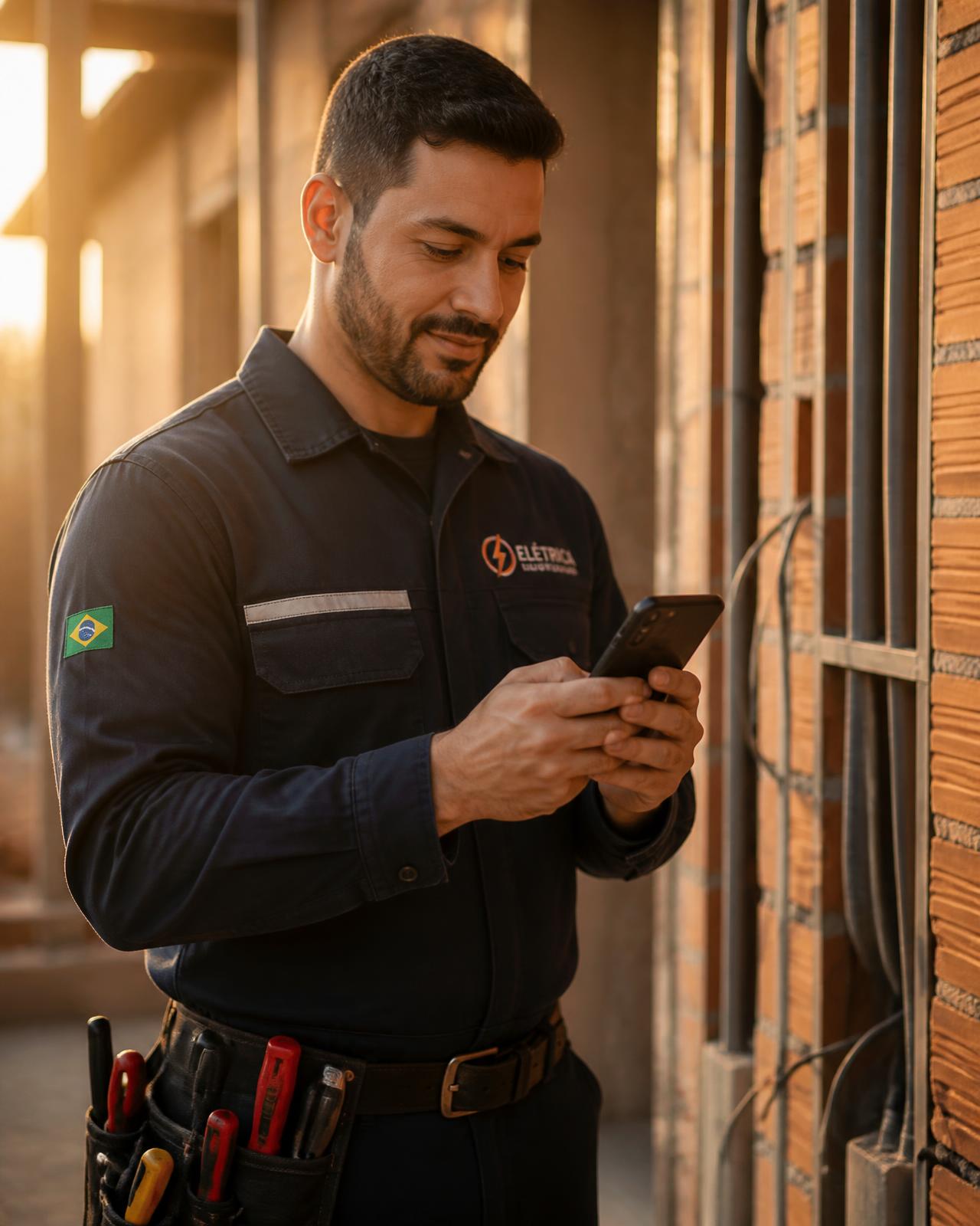 Eletricista consultando o preço do serviço no celular