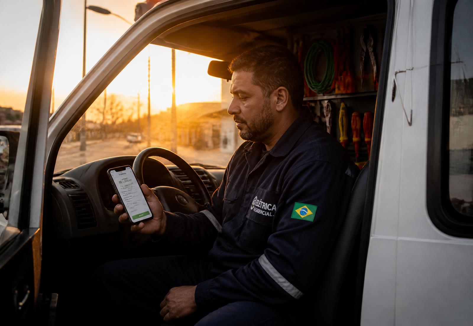 Eletricista revisando um orçamento no celular dentro da van de trabalho